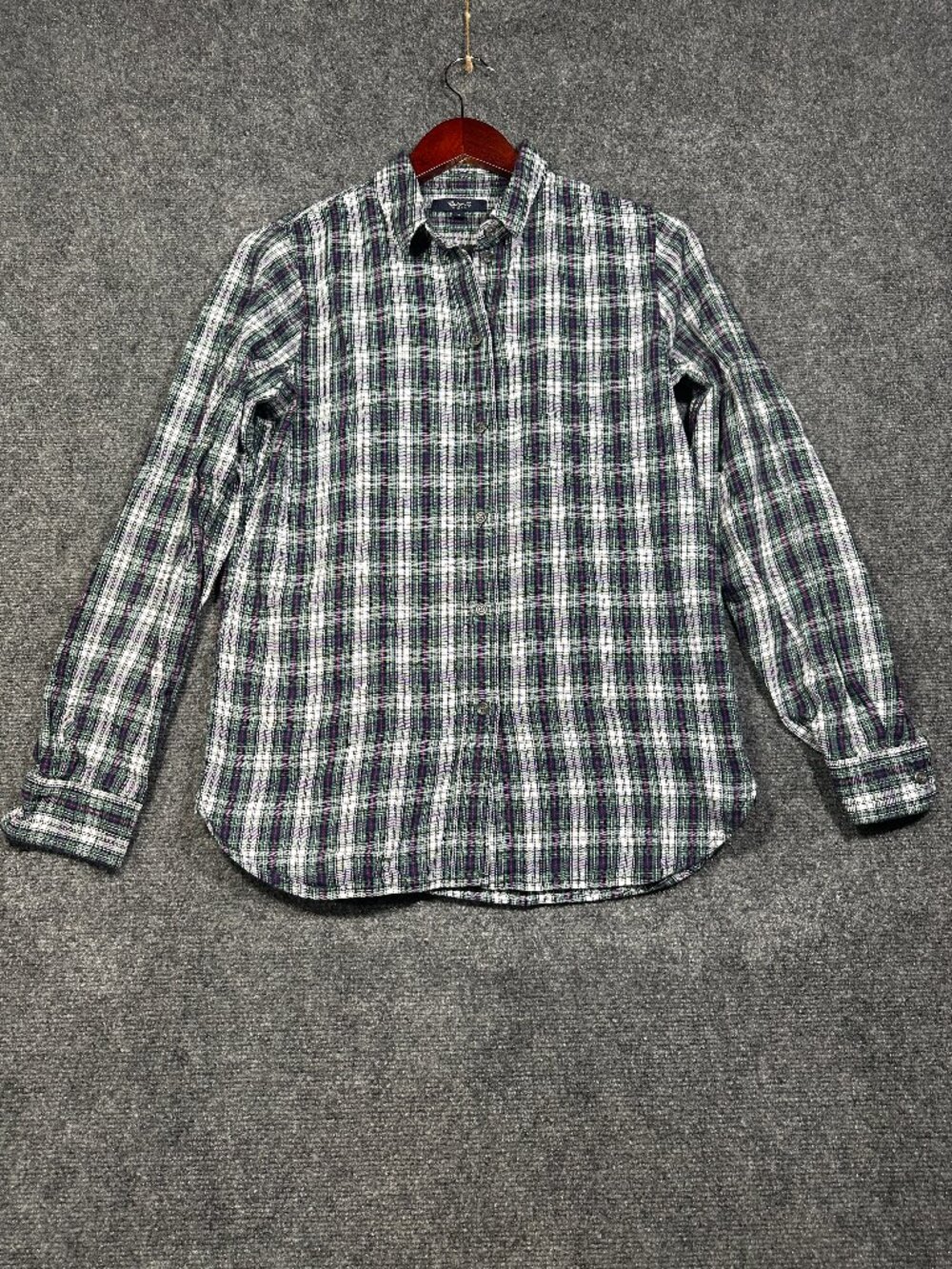 Madewell Top Womens Small Long Sleeve Button Up Green Blue Plaid Pocket